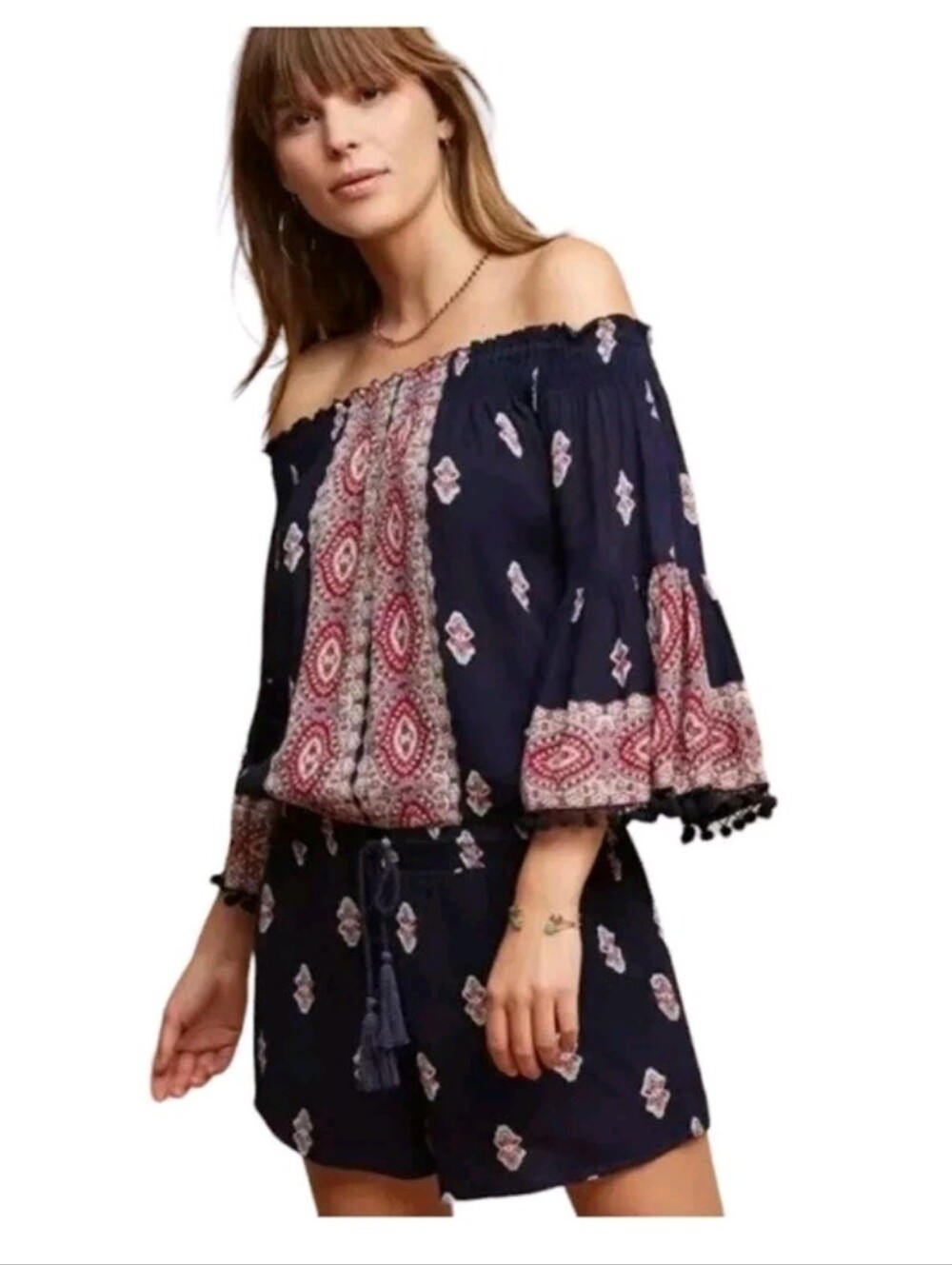 Boho Off-Shoulder Navy Tunic Top with Pink Print